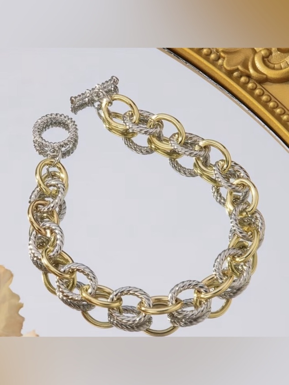 Two Tone Chunky Rope Link Chain Bracelet Gold Silver Vintage Statement